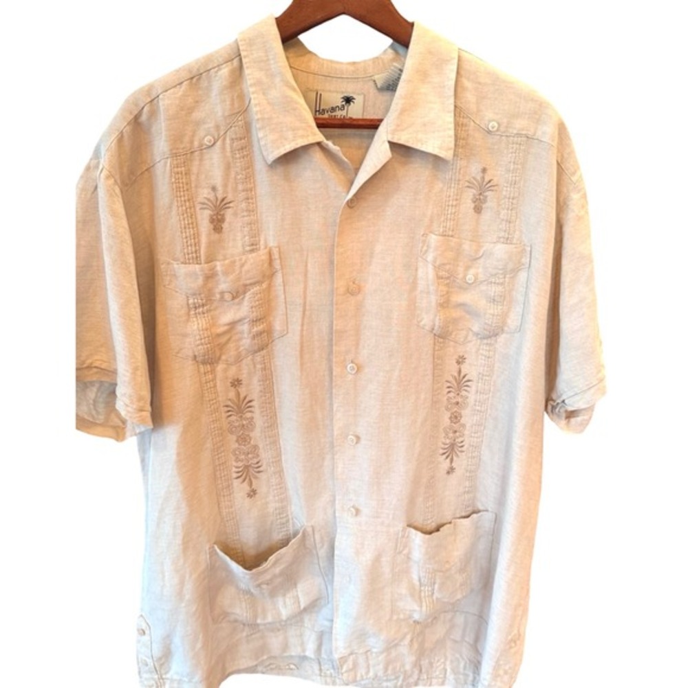 Havana Shirt Co Men's XL Linen Blend Guayabera‎ Shirt Beige Embroidered SS